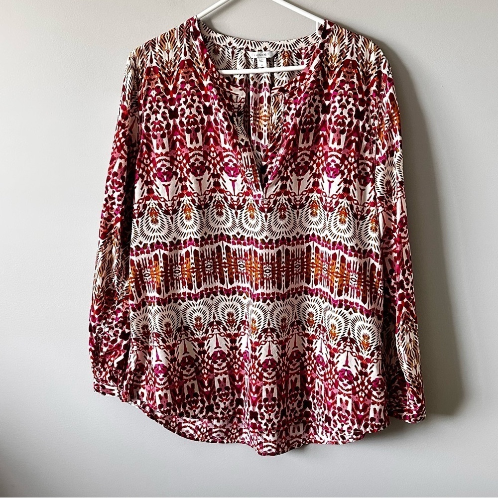 Garnet Hill 100% Silk Floral Green and Orange Ikat Women's Top Size 16